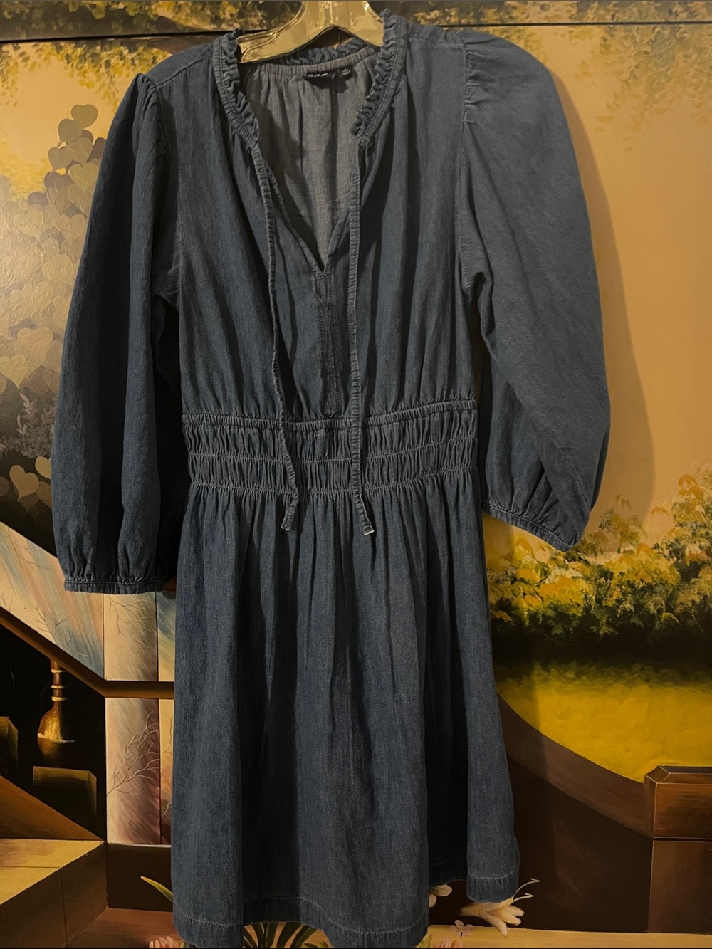 GAP Dark Blue Smocked-Waist Long-Sleeve Denim Dress